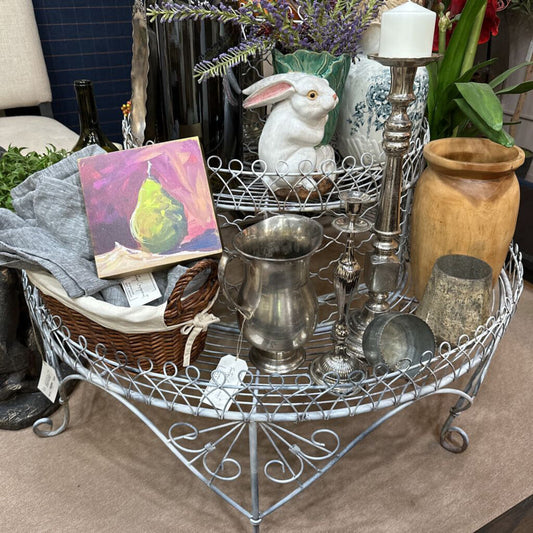 Antique French Victorian 3-Tier Blue Iron Wire Metal Planter Plant Stand