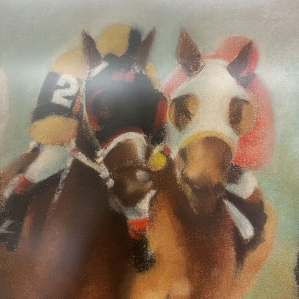 Signed Original Horse Racing Pastel Painting